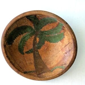 Hand painted vtg teak wood bowl Palm Tree Design.
